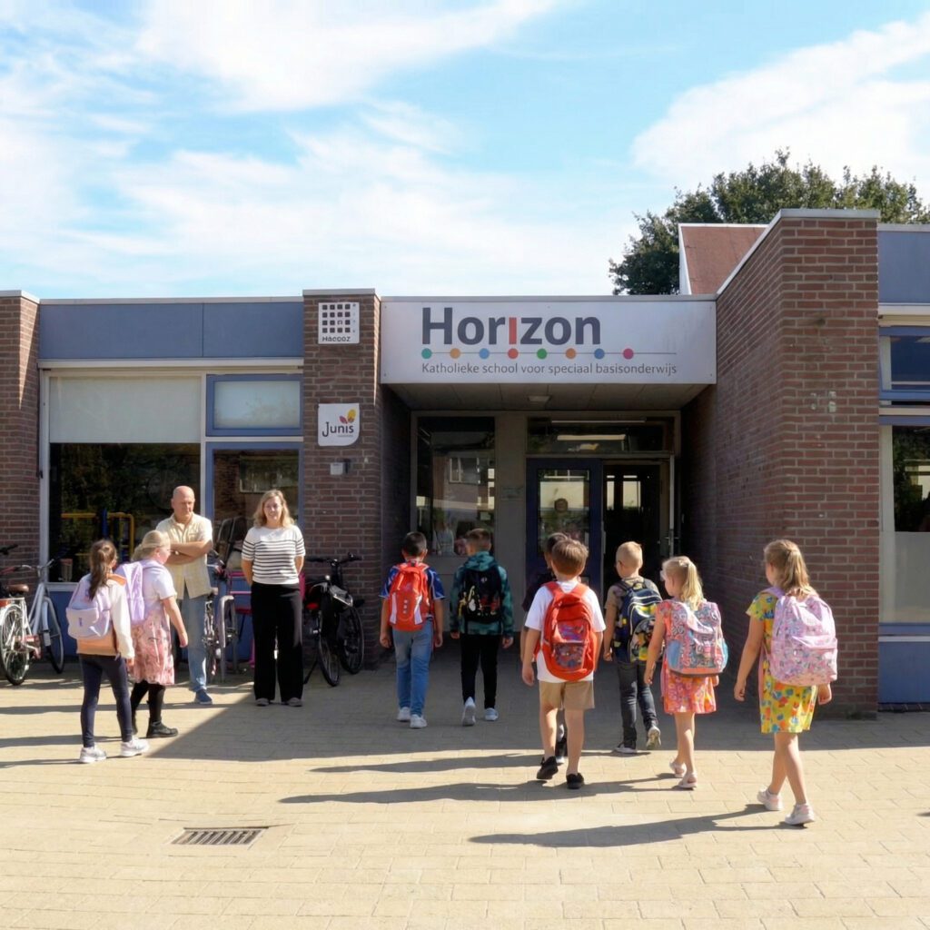 Kinderen lopen naar de ingang van basisschool De Horizon Zoetermeer